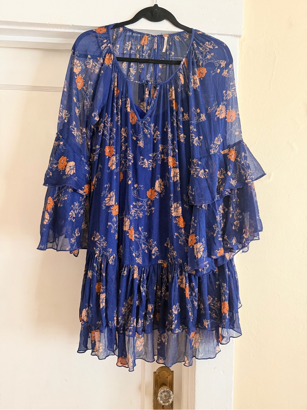 Free People Navy Floral Tiered Ruffle Mini Dress with Orange Bloom